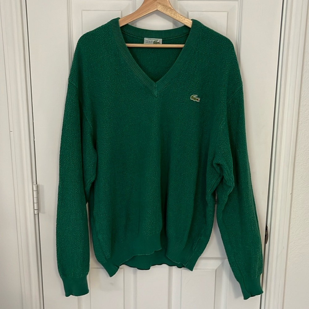 Vintage Green Lacoste Oversized V-neck Sweater - 100% Cotton- XL